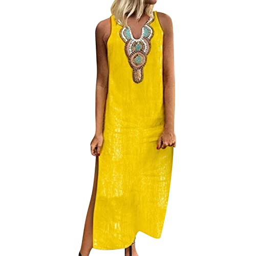 Damen Leinen Tunika Kleid Boho Maxi Kleid Retro Sommerkleider Ohne äRmel Plus Size Kleid Locker Longbluse Elegante Blusen Etuikleid von Generic