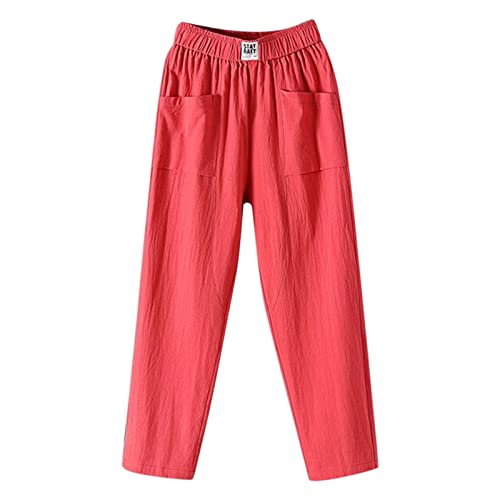 Damen Leinenhose 7/8 Hosen Sommer Luftige Sommerhose mit Taschen Baumwolle und Leinen Locker Bequeme Casual Elastische Taille Dünn Aussehen Sommerhosen Freizeithose Einfarbig Strandhosen von Generic