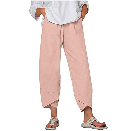 Damen Leinenhose Lang Sommer Straighthose Elegant Weite Beine Hose Loose Freizeithose Boho Strandhose Frauen Einfarbig Leicht Bequeme Stoffhose Baggy Relax Hose Hohe Taille Freizeithose mit Taschen von Generic