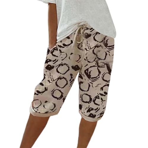 Damen Leinenhose Leicht Und Luftig Mittellange Hosen Locker Strandhose Mit Kordelzug Casual Pants Hohe Taille Freizeithose,Beige,S von Generic