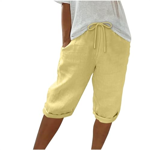 Damen Leinenhose Leicht Und Luftig Mittellange Hosen Locker Strandhose Mit Kordelzug Casual Pants Hohe Taille Freizeithose,Gelb,XXL von Generic