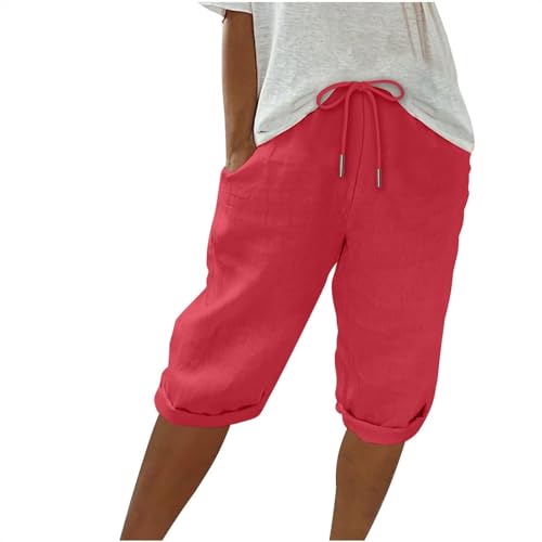 Damen Leinenhose Leicht Und Luftig Mittellange Hosen Locker Strandhose Mit Kordelzug Casual Pants Hohe Taille Freizeithose,Rot,XXL von Generic