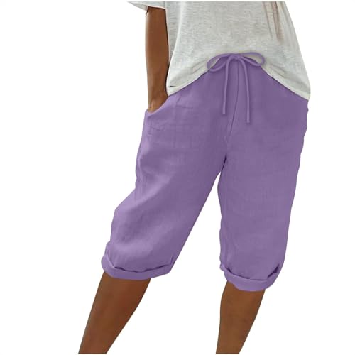 Damen Leinenhose Leicht Und Luftig Mittellange Hosen Locker Strandhose Mit Kordelzug Casual Pants Hohe Taille Freizeithose,Violett,XXL von Generic