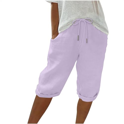 Damen Leinenhose Leicht Und Luftig Mittellange Hosen Locker Strandhose Mit Kordelzug Casual Pants Hohe Taille Freizeithose,Violett,XXL von Generic