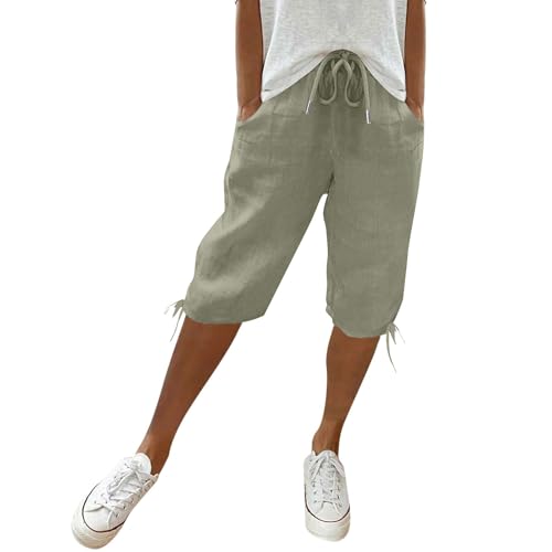 Damen Leinenhose Leicht Und Luftig Mittellange Hosen Locker Strandhose mit Kordelzug Casual Pants Hohe Taille Freizeithose Sommer Strandshorts,Grün,XXL von Generic
