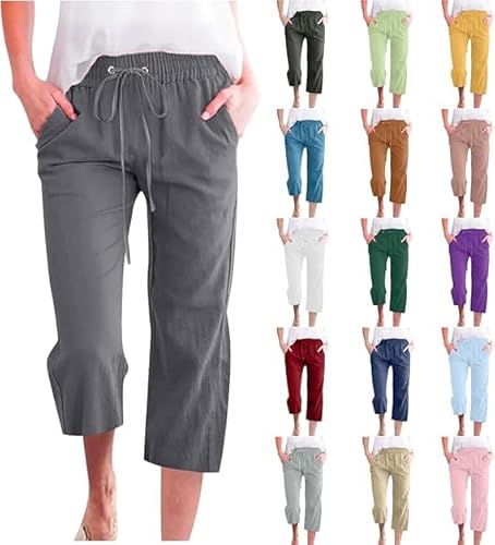 Hose Sommer Damen leicht 7/8 Leinenhose Sommerhose Cargohose musselin Capri Hose Freizeithose Baumwollhose Bequeme relaxhose Stoffhose Bequem leichte Sporthose Beach Strandhosen von Generic