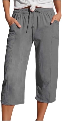 Damen Leinenhose Leichter Jogger Caprihose Sommer 3/4 Caprihose Elastische Taille Kordelzug Atmungsaktiv Einfarbig Stoffhose Bequem Arbeit Freizeithose Sporthose Wanderhose Strandhosen von Generic