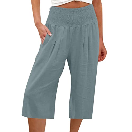 Damen Leinenhose Sommer 7/8 Sommerhose Leicht und Luftig Hosen Locker Hohe Taille Caprihose Elastisch Baumwolle Leinen Material Hose Einfarbig Eine Farbe Strandhose Casual Pants von Generic