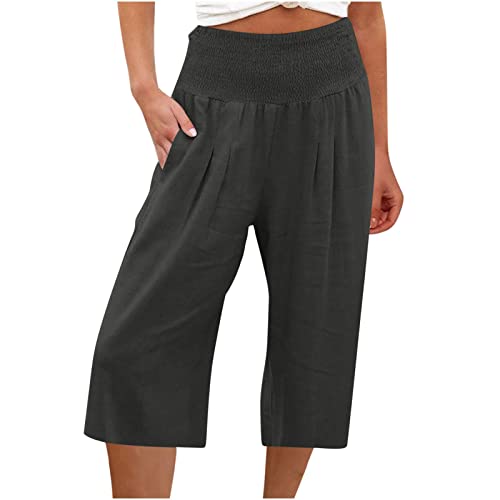 Damen Leinenhose Sommer 7/8 Sommerhose Leicht und Luftig Hosen Locker Hohe Taille Caprihose Elastisch Baumwolle Leinen Material Hose Einfarbig Eine Farbe Strandhose Casual Pants von Generic