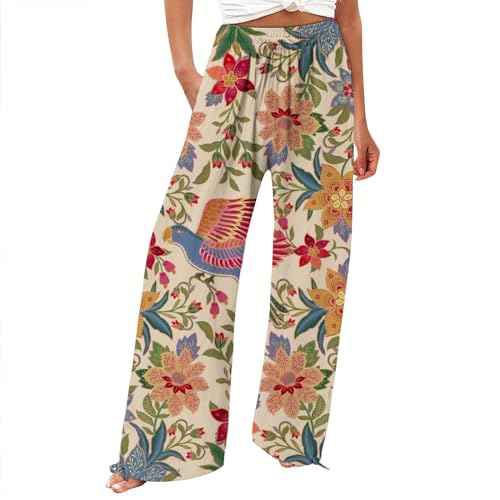 Damen Leinenhose Sommer Baumwolle Leinen Hose Leicht Lang Sommerhose mit Taschen Bunte Blumen Drucke Strandhose Elegant Weites Bein Freizeithose Lässige Yogahose Bequeme Outdoor (A-Green, M) von Generic