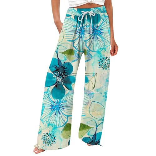 Damen Leinenhose Sommer Baumwolle Leinen Hose Leicht Lang Sommerhose mit Taschen Bunte Blumen Drucke Strandhose Elegant Weites Bein Freizeithose Lässige Yogahose Bequeme Outdoor (E-Blue, XL) von Generic