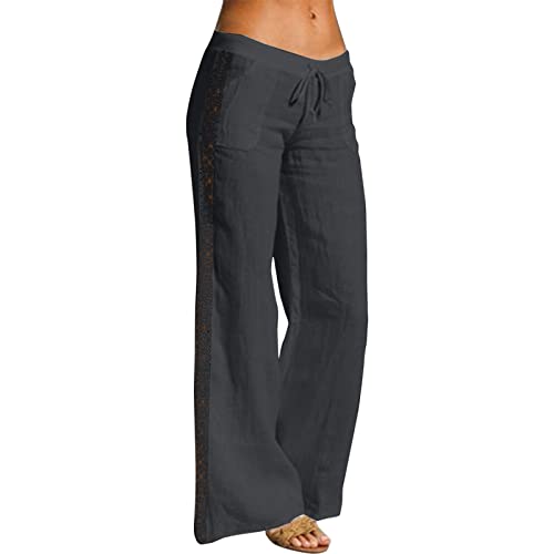 Damen Leinenhose Weite Beine Hose Sommer Loose Freizeithose Strandhose Leinen Frauen Einfarbig Leicht Lang Hosen Baumwollhose mit Taschen von Generic