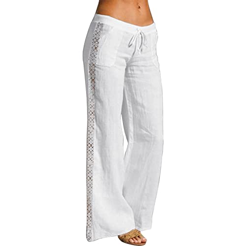 Damen Leinenhose Weite Beine Hose Sommer Loose Freizeithose Strandhose Leinen Frauen Einfarbig Leicht Lang Hosen Baumwollhose mit Taschen von Generic