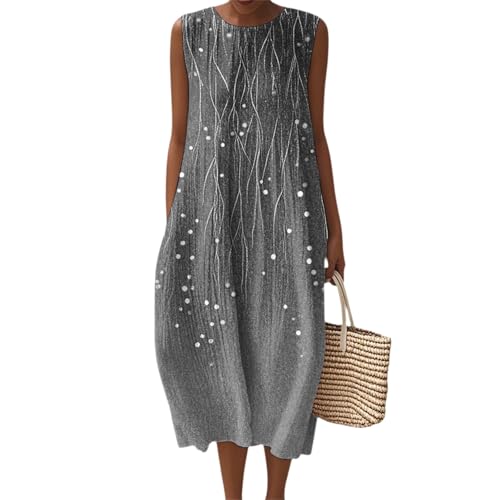 Damen Leinenkleid, Rundhals Ärmellos Strandkleid Mittellang Freizeitkleid Atmungsaktives Sommerkleid für Warme Tage & Freizeit,Grau,XL von Generic