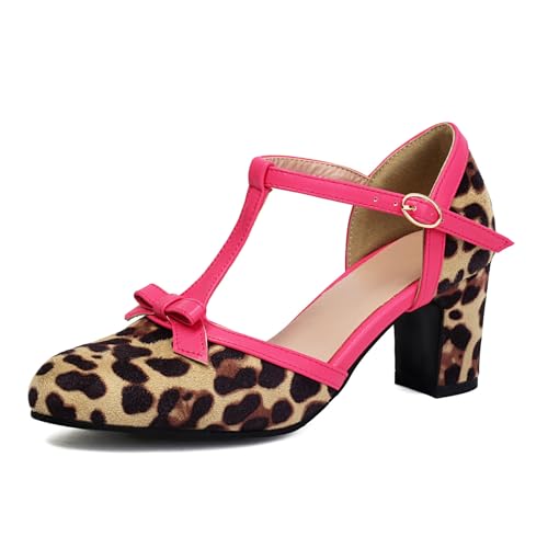 Damen Leopard - Print T-Riemen Kleid Pumps Mit Schleife Stämmiger Ferse Retro Kleid Schuhe Geschlossen Runde Zehen Retro Mary Janes,Apricot,38.5 EU von Generic