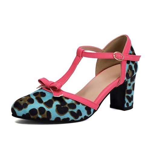 Damen Leopard - Print T-Riemen Kleid Pumps Mit Schleife Stämmiger Ferse Retro Kleid Schuhe Geschlossen Runde Zehen Retro Mary Janes,Blau,38.5 EU von Generic