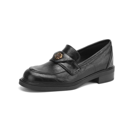 Damen Loafer Rundes Zeh Kunstleder Blumenakzent Niedrige Blockabsätze Slip on Büro Arbeit Freizeitschuh Kleid,Schwarz,35 EU von Generic