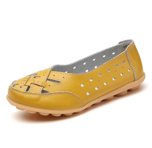 Damen-Loafer aus Leder, Slip-On-Mokassins mit Hohlsaum Bequeme leichte lässige orthopädische rutschfeste Autofahrerschuhe,Gelb,39 EU Damen-Loafer aus Leder, Slip-On-Mokassins mit Hohlsaum Bequeme leichte lässige orthopädische rutschfeste Autofahrerschuhe,Gelb,39 EU von Generic