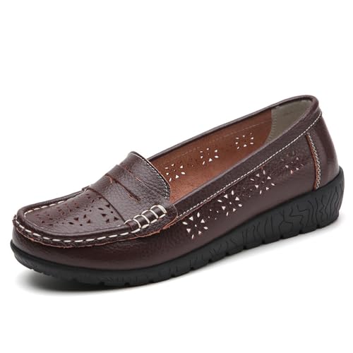 Damen Loafer aus hohlem Leder, Damen-Mokassins Flache Schuhe runder Kopf lässig bequem zum Gehen Fahren Bootfahren,Braun,39 EU Damen Loafer aus hohlem Leder, Damen-Mokassins Flache Schuhe runder Kopf lässig bequem zum Gehen Fahren Bootfahren,Braun,39 EU von Generic
