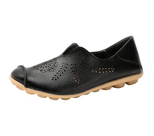 Damen-Loafer mit ausgehöhlten, bequemen Leder-Loafers lässige Mokassins mit runder Zehenpartie Flache Schuhe zum Fahren Wandern Boot,Schwarz,37 EU von Generic