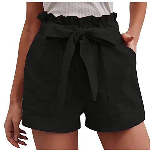 Damen Locker Shorts Elastischer Bund Casual Sommerhose Sommer Short Kurz Hose mit Schleife Gürtel Desert Paper Bag Shorts Sommer Hohe Taille Einfarbig Shorts (as3, alpha, m, regular, regular, Schwarz) von Generic