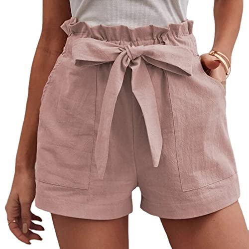 Damen Locker Shorts Elastischer Bund Casual Sommerhose Sommer Short Kurz Hose mit Schleife Gürtel Desert Paper Bag Shorts Sommer Hohe Taille Einfarbig Shorts mit Bindergürtel (Pink, XL) von Generic