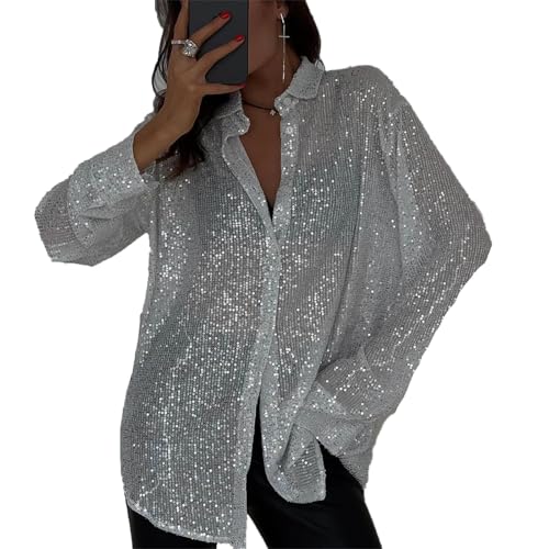 Damen Lockere Glitzerhemden Tops Revers Paillettenblusen Funkelnde Langarmhemden von Generic