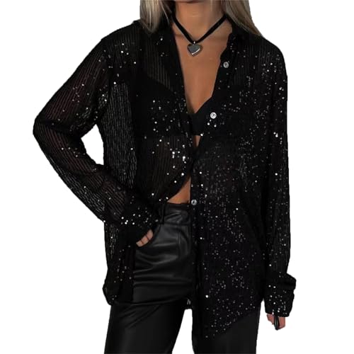 Damen Lockere Glitzerhemden Tops Revers Paillettenblusen Funkelnde Langarmhemden von Generic