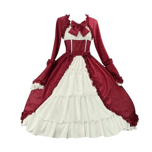 Damen Lolita Kleid Partykleid Vintage Mittelalter Kleider Adels Prinzessin Kleid Cosplay Kostüm Langarm Gothic Palast Partykleid Spitze Patchwork Abendkleid mit Bowknot von Generic