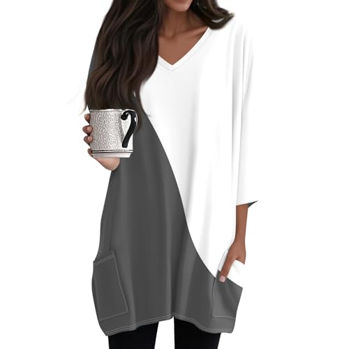 Damen Longshirt 3/4 Ärmel mit Tasche Oversized Tshirt Lang Longtops Sommer Oberteile Vintage-Druck V-Ausschnitt Longbluse Lässig für Leggings Tunika Tops,Grau,L Damen Longshirt 3/4 Ärmel mit Tasche Oversized Tshirt Lang Longtops Sommer Oberteile Vintage-Druck V-Ausschnitt Longbluse Lässig für Leggings Tunika Tops,Grau,L von Generic