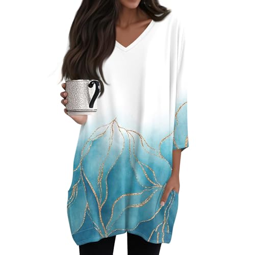 Damen Longshirt 3/4 Ärmel mit Tasche Oversized Tshirt Lang Longtops Sommer Oberteile Vintage-Druck V-Ausschnitt Longbluse Lässig für Leggings Tunika Tops,Grün,L Damen Longshirt 3/4 Ärmel mit Tasche Oversized Tshirt Lang Longtops Sommer Oberteile Vintage-Druck V-Ausschnitt Longbluse Lässig für Leggings Tunika Tops,Grün,L von Generic