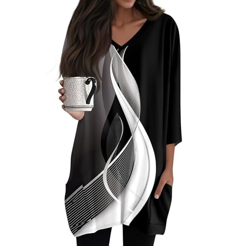 Damen Longshirt 3/4 Ärmel mit Tasche Oversized Tshirt Lang Longtops Sommer Oberteile Vintage-Druck V-Ausschnitt Longbluse Lässig für Leggings Tunika Tops,Schwarz,L von Generic