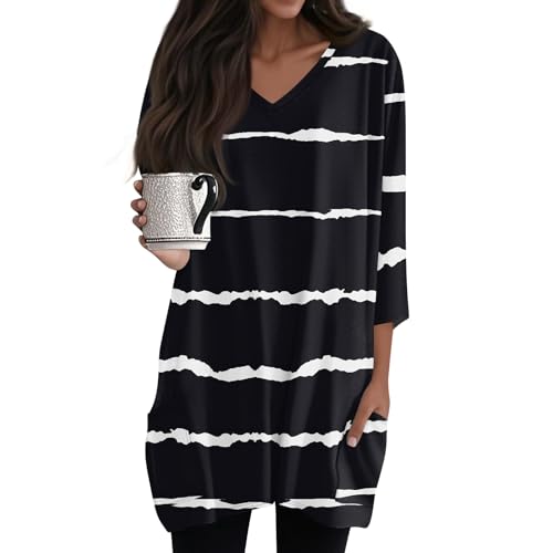 Damen Longshirt 3/4 Ärmel mit Tasche Oversized Tshirt Lang Longtops Sommer Oberteile Vintage-Druck V-Ausschnitt Longbluse Lässig für Leggings Tunika Tops,Schwarz,M von Generic
