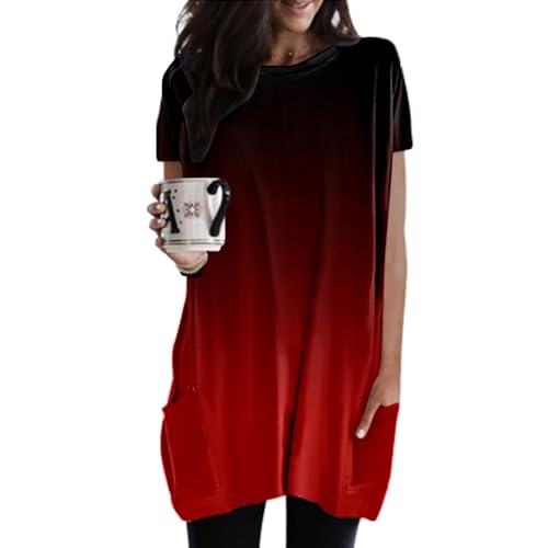 Damen Longshirt Kurzarm mit Tasche Oversized Tshirt Lang Longtops T-Shirt Sommer Oberteile Einfarbig Rundhals Longbluse Lässig für Leggings Pullover T-Shirts Tunika Tops von Generic