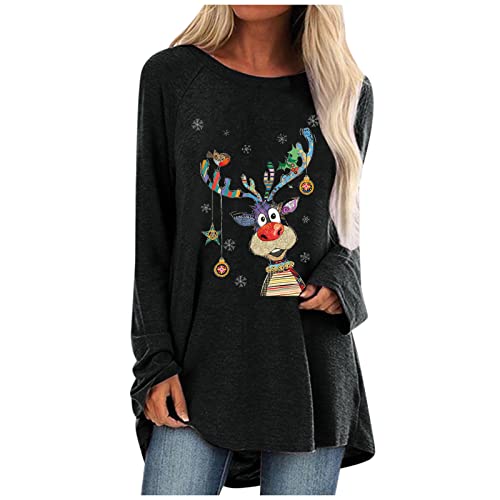 Damen Longshirt Langarm Weihnachten Tunika Große Größen Lange Oberteile Bedruckte Longbluse Longpullover T Shirt Casual Lose Elegant Pullover Bluse Sweatshirt Langarmshirt Hemd Tops von Generic