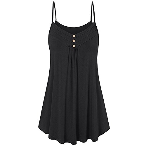 Damen Longtop V-Ausschnitt Oversize Locker Ärmellos Longbluse Oberteil Trägertops Sommer Camisole Spaghetti Tank Tops Shirt Casual Rüschen Tunika Unterhemd mit Knöpfen von Generic