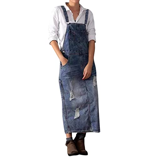 Damen Lose Latzrock Jeans Latzkleid Lang Trägerrock Jeansrock Overall Damen Latzkleid Volant Jeanskleid A-Linie Kleid Trägerkleid Langes Maxikleid Loose Pinafore (Blue, S) von Generic