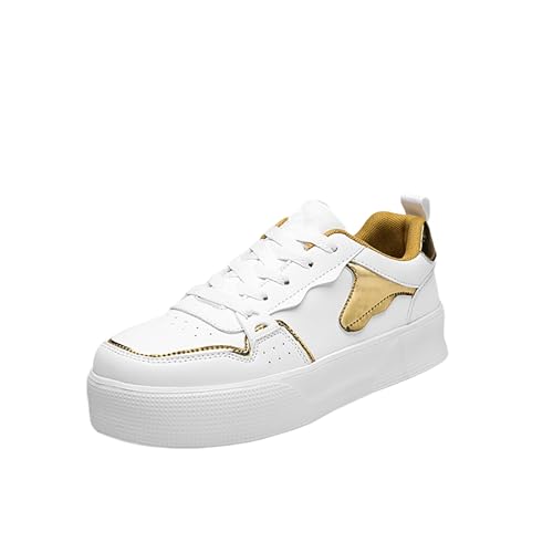 Damen Mädchen Freizeit Studenten Plateau Weiss Sportschuhe Laufschuhe Atmungsaktiv Sport Schuhe Spitzen Segeltuchschuhe Leichte Plattform Schuhe Schnüren Joggingschuhe (Gold, 40) von Generic