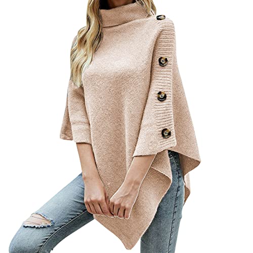 Damen Mädchen Strick Poncho Cape Rollkragen Pullover Strickpullover Strickponcho Grobstrick Fledermaus Pulli Sweater Top, Damen Poncho, leicht, einfarbig, Pullover Schal, Strick (04-Coffee, One Size) von Generic