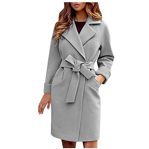 Damen Mantel Elegant Lang Wollmantel Mode Langarm Umlegekragen Einfarbig Trenchcoat Warme Outwear Herbst Winter Jacke mit Gürtel (Grau, XXL) von Generic