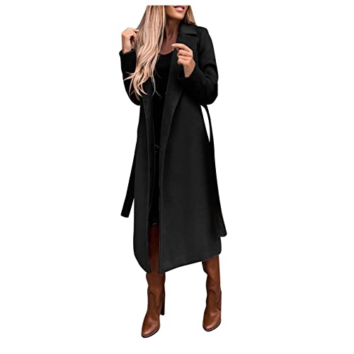 Damen Mantel Elegant Lang Wollmantel Mode Langarm Umlegekragen Einfarbig Trenchcoat Warme Outwear Herbst Winter Jacke mit Gürtel von Generic