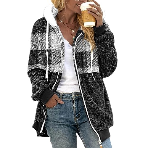 Damen Mantel Kapuzenjacke, Winterjacke Fleece Mantel Warm Gefüttert Winter Kapuzenpullover Hoodie Jacken Flauschig Plüschjacke Sweatshirt mit Kapuze und Taschen Reißverschluss (Schwarz,L) von Generic