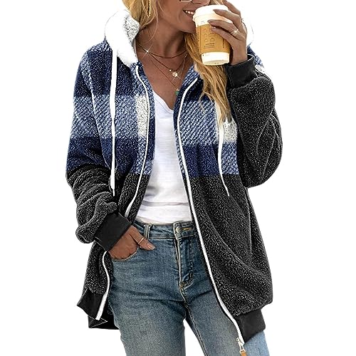 Damen Mantel Kapuzenjacke, Winterjacke Fleece Mantel Warm Gefüttert Winter Kapuzenpullover Hoodie Jacken Flauschig Plüschjacke Sweatshirt mit Kapuze und Taschen Reißverschluss (blau,S) von Generic