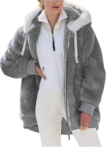 Damen Mantel Kapuzenjacke Hoodie Jacke Winterjacke Mode Kapuze Casual Einfarbig Jacken Reißverschluss Plüschjacke Fleecejacke Oberteile Langarm Sweatshirt mit Kapuze Strickjacke mit Taschen tops von Generic