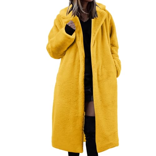 Damen Mantel Langarm Elegant Einfarbig Lang Mantel mit Gürtel Herbst Winter Wintermantel mit Taschen Warm Langer Mantel Winterjacke Basic Wollmantel Slim Windbreaker Trenchcoat (Yellow, M) von Generic