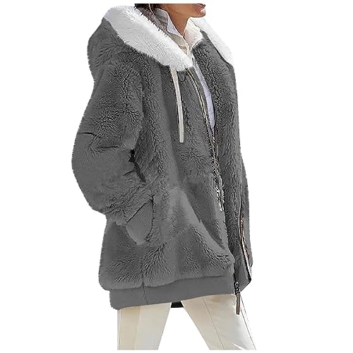 Damen Mantel Plüschjacke, Dicke Gefüttertfleece Jackejacke Flauschig Plüschjacke Herbstjacke mit Kapuze und Taschen Reißverschluss Kuscheljacke Winterjacke Kuschel Jacke (grau,S) von Generic