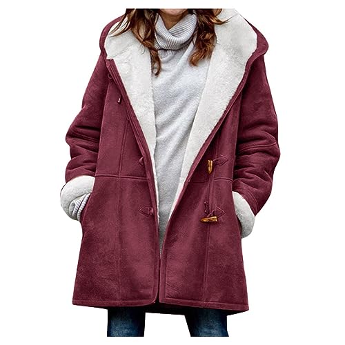 Damen Mantel Plüschjacke, Fleecejacke Damen Sweatjacke Winter Warm Hoodie Jacke Lose Winterjacke Lammfell Fleece Kapuzenjacke Langarm Mantel mit Taschen Lose Winterjacke Winter Hoodie (Rot,L) von Generic