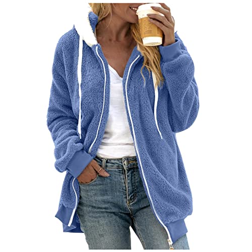 Damen Mantel Plüschjacke Hoodie Jacke Große Größe Farbblock Teddyjacke Herbst Winterjacke Fleece Mantel Warm Kapuzenjacke mit Taschen Reißverschluss Lose Casual Outwear Oberteile von Generic