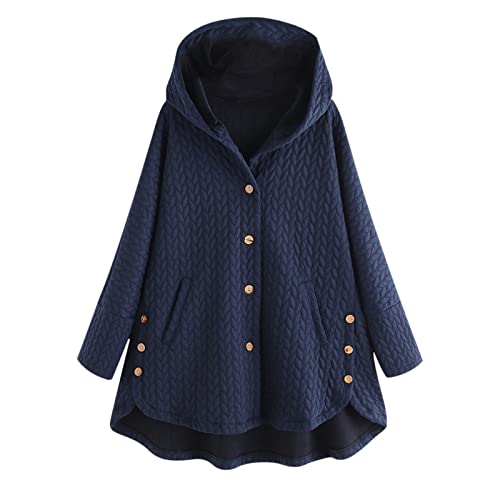 Damen Mantel Plus Größe Fleece gefüttert einfarbig Seitenknöpfe Hoodie Wintermantel Jacke Outwear mit Knopf Heine Mode Damen (Blue, XXXXXXL) von Generic