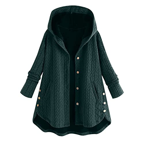 Damen Mantel Plus Größe Fleece gefüttert einfarbig Seitenknöpfe Hoodie Wintermantel Jacke Outwear mit Knopf Heine Mode Damen (Green, S) von Generic